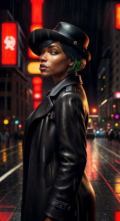 Neon Noir Singer in Rainy Los Angeles Portrait