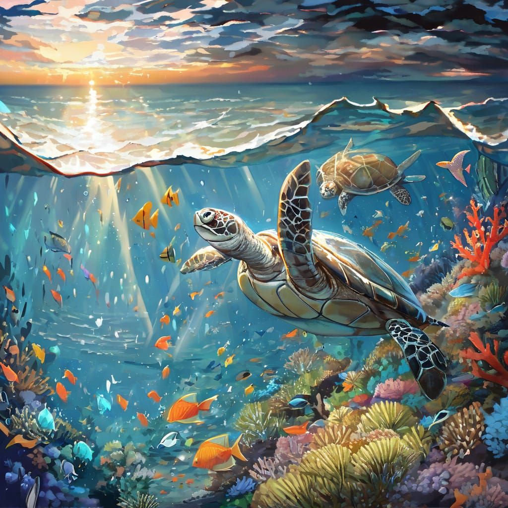 Sea Turtle Glides through Sunlit Ocean Waters in Serene Beau...