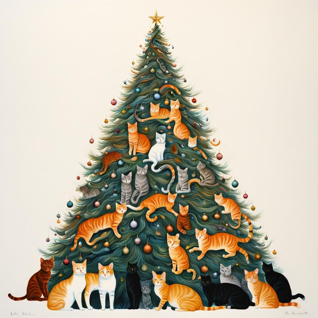 Surreal Christmas Tree of Cats in Gouache Style