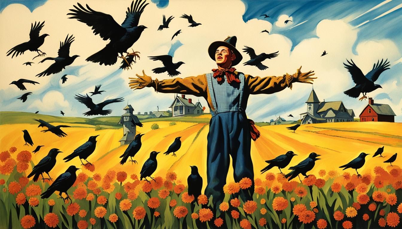 Scarecrow in Field of Crows, Americana Illustration