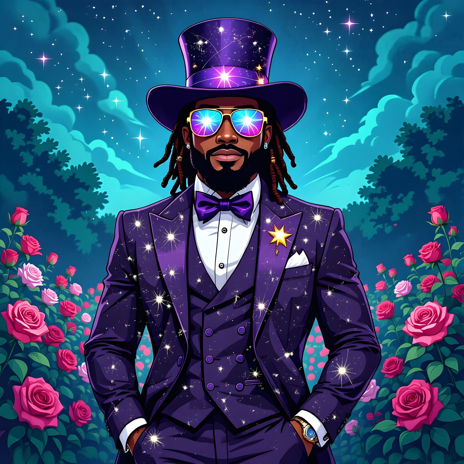 Cosmic Business Man with Bear in Stage Garden