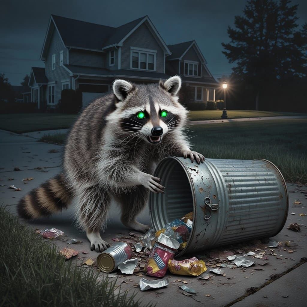 Raccoon Raids Trash Can Under Moonlight