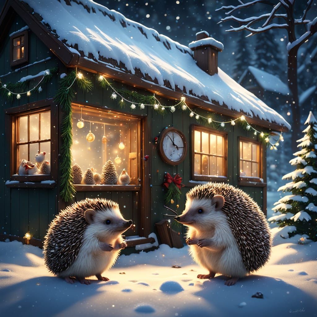 Hedgehog Family Christmas Wonderland in Vibrant Details