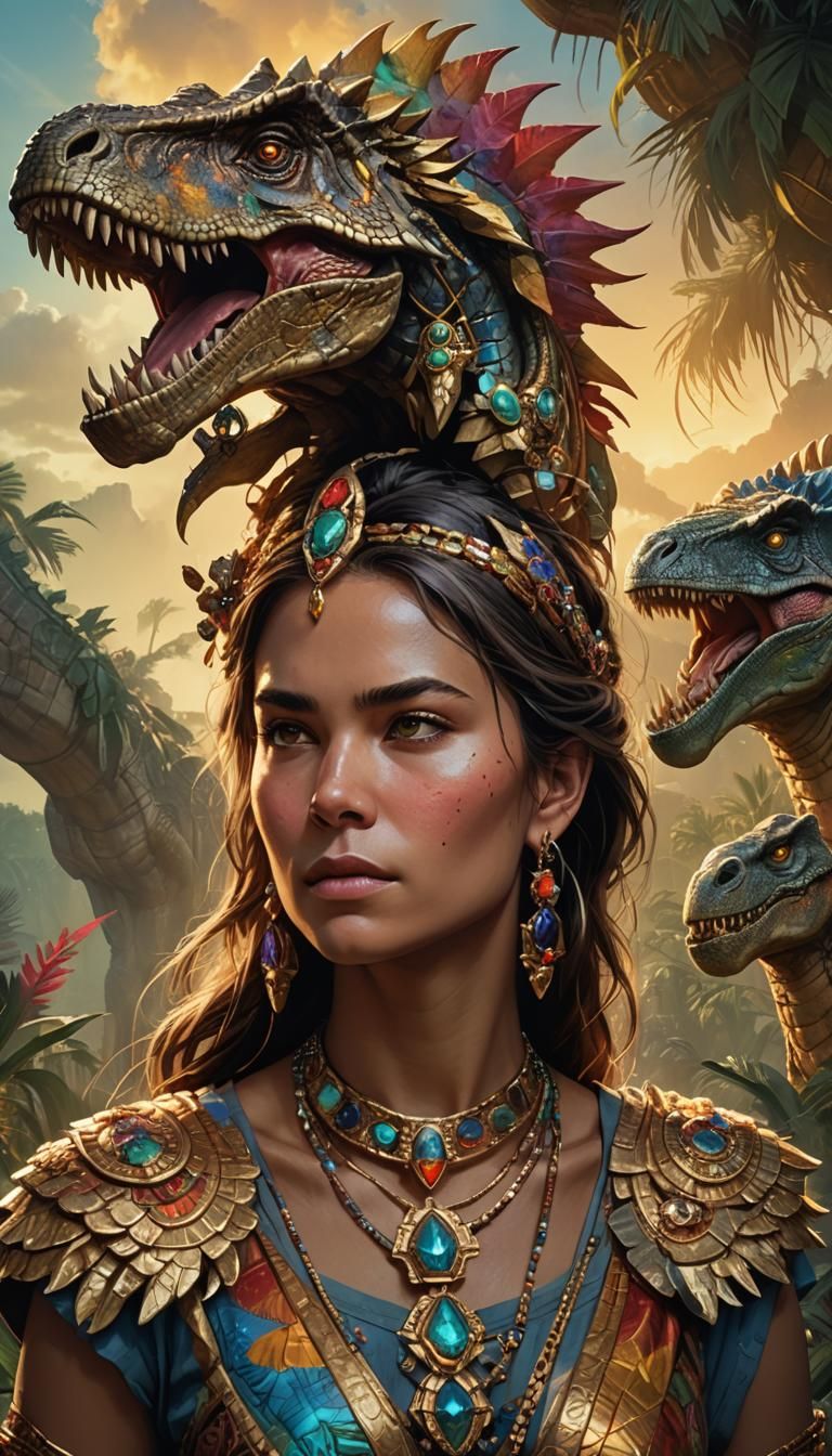 Dinosaur-Woman Hybrid Portrait in Mystical Environment
