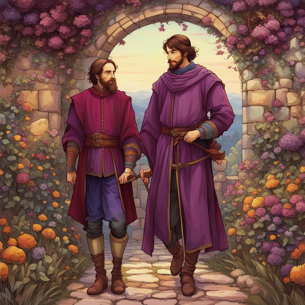 Medieval Father and Son in Anime Style Garden