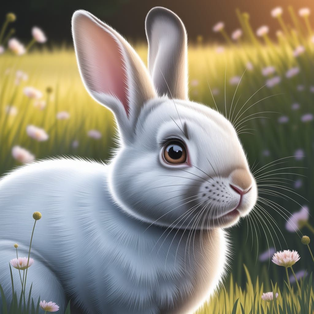 Whimsical White Rabbit with Grey Hair in Sunlit Meadow