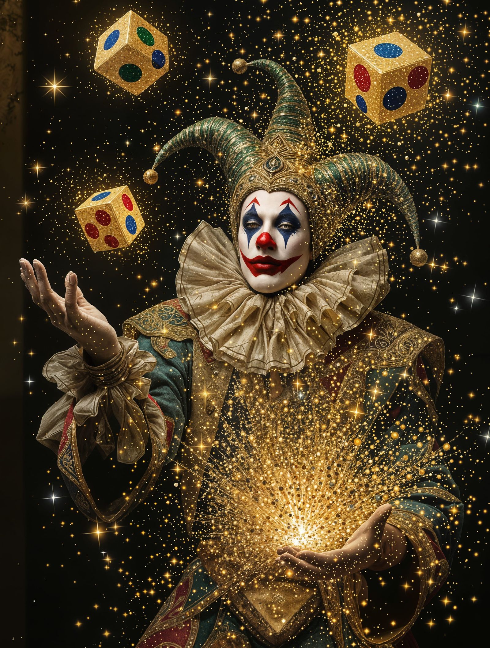 Surreal Quantum Jester in Klimt-Inspired Rococo Dreamscape