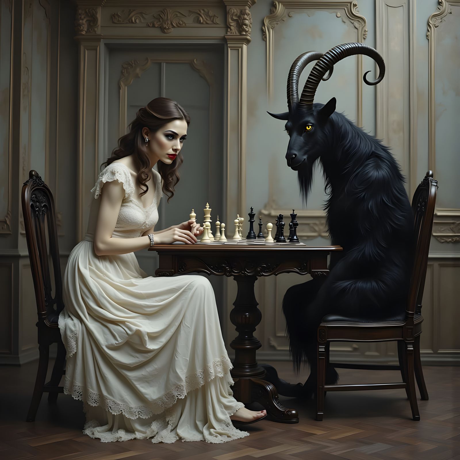 Ethereal Chess Match in a Haunting, Surrealist Landscape