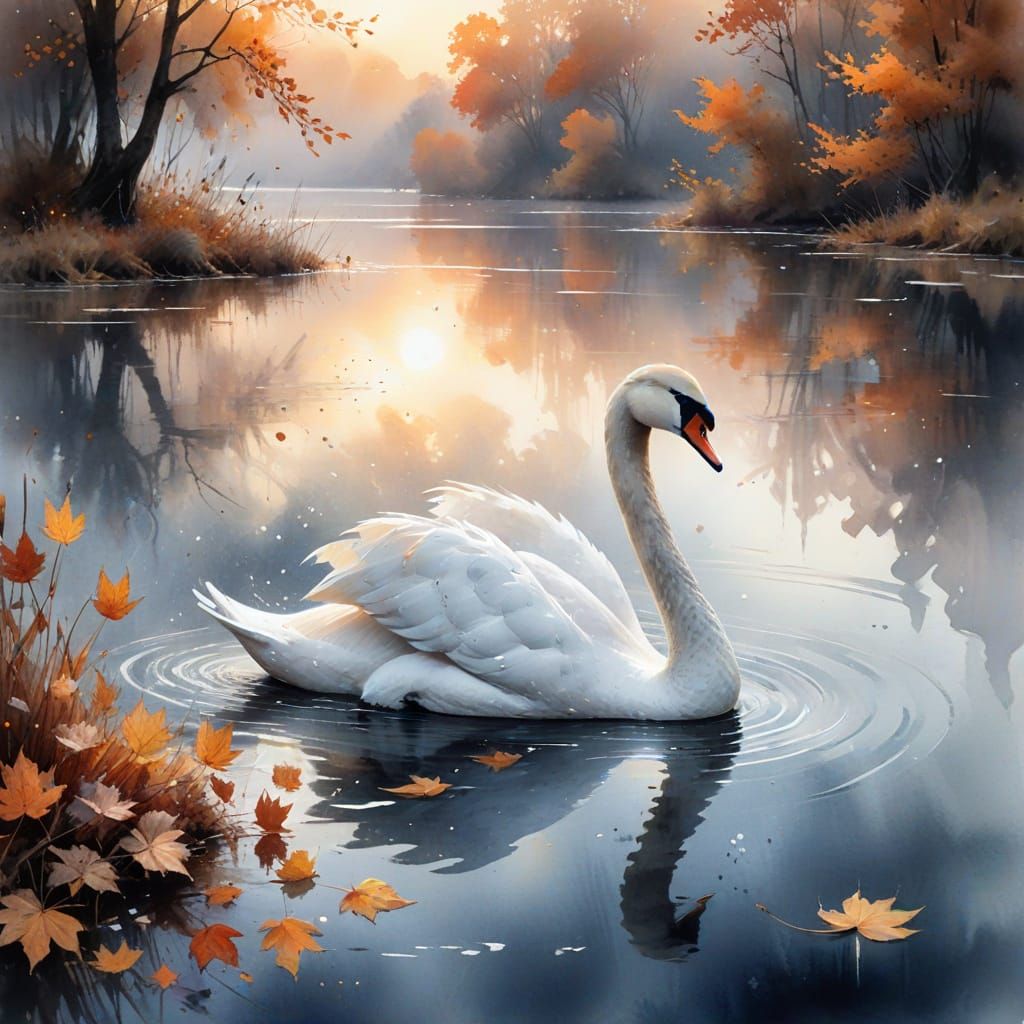 Elegant Swan on Misty Lake in Watercolour Style