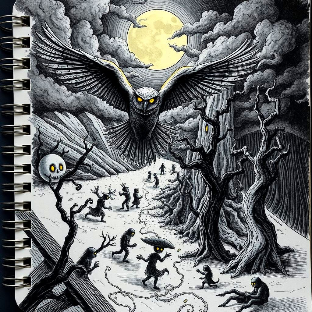 Dark Doodle Scene with Tiny Worlds and Characters Coming to...