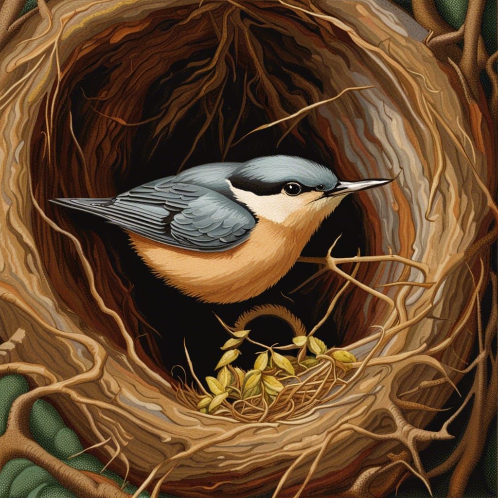 Nuthatch Nestlings: A Neo-Primitive Needlepoint Nursery