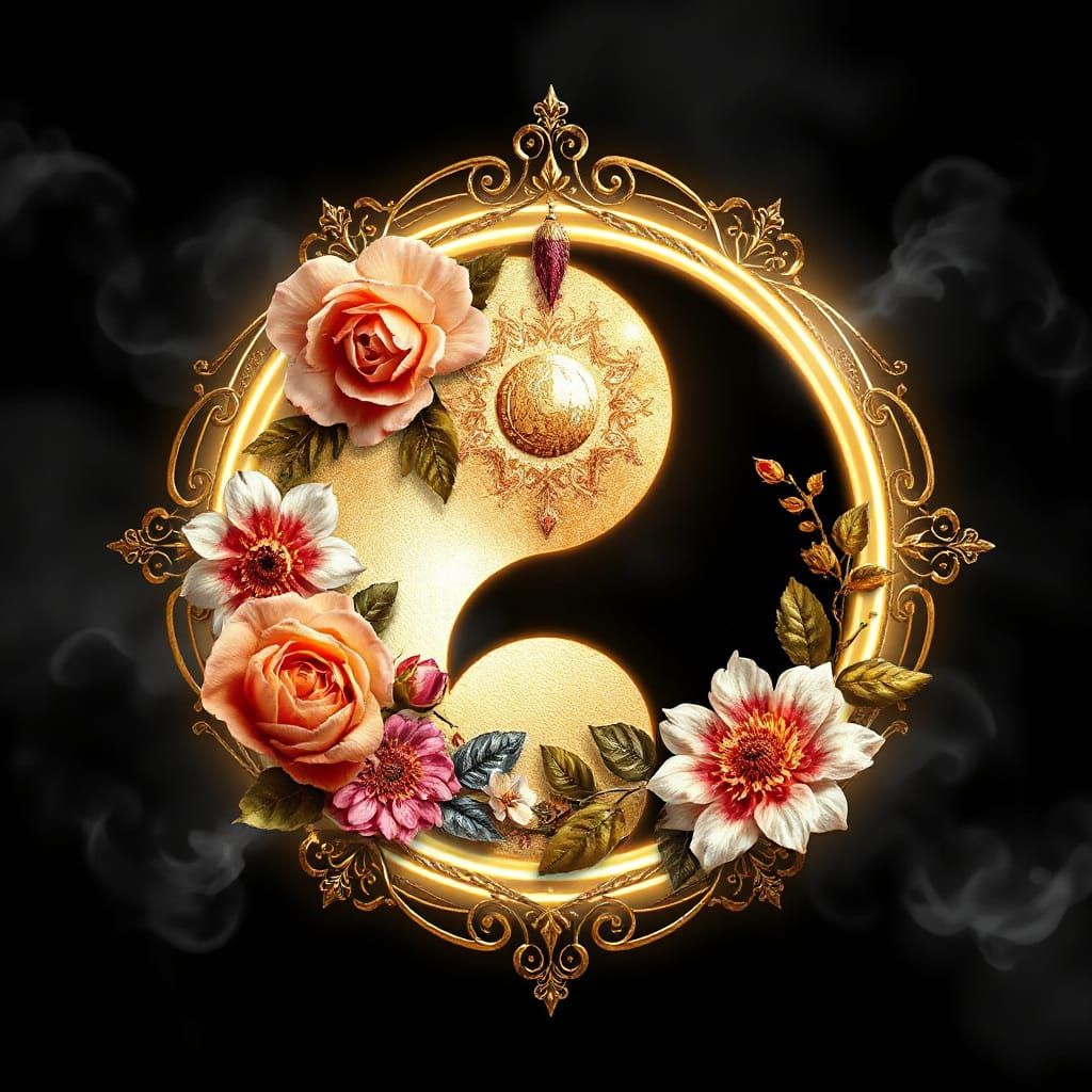 Yin Yang Symbol with Floral Motifs in Art Nouveau Style