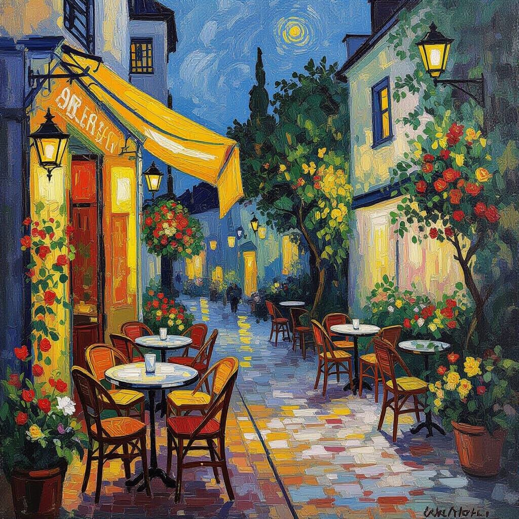Cozy Cafe Surrounded by Lush Impressionistic Garden