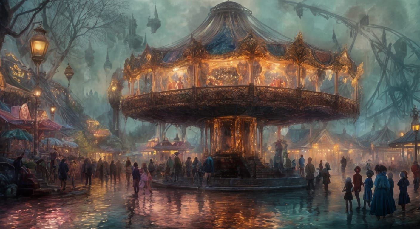 Whimsical Kidcore Amusement Park at Sunset