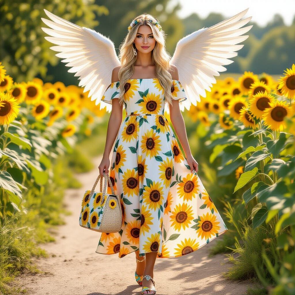 Blonde Angel in Sunflower Dress, Full Body