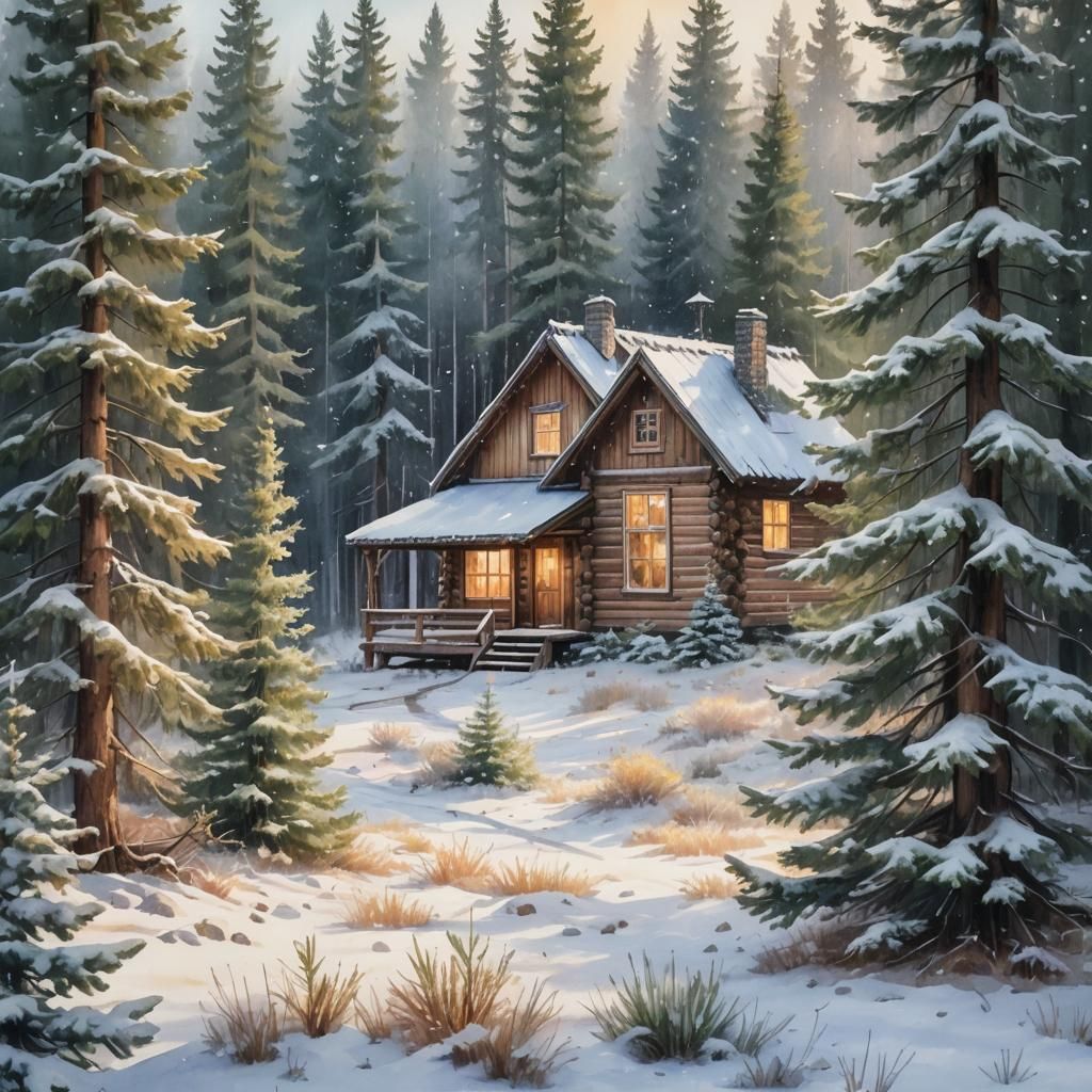 Cabin in Snowy Pine Forest: Impressionist Landscape