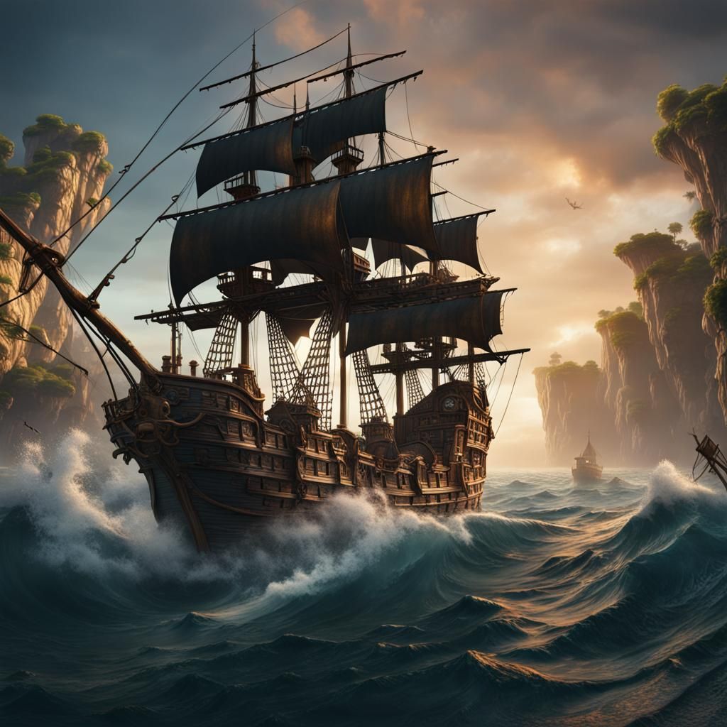 Pirate Ship on the Waters: Detailed Matte Painting