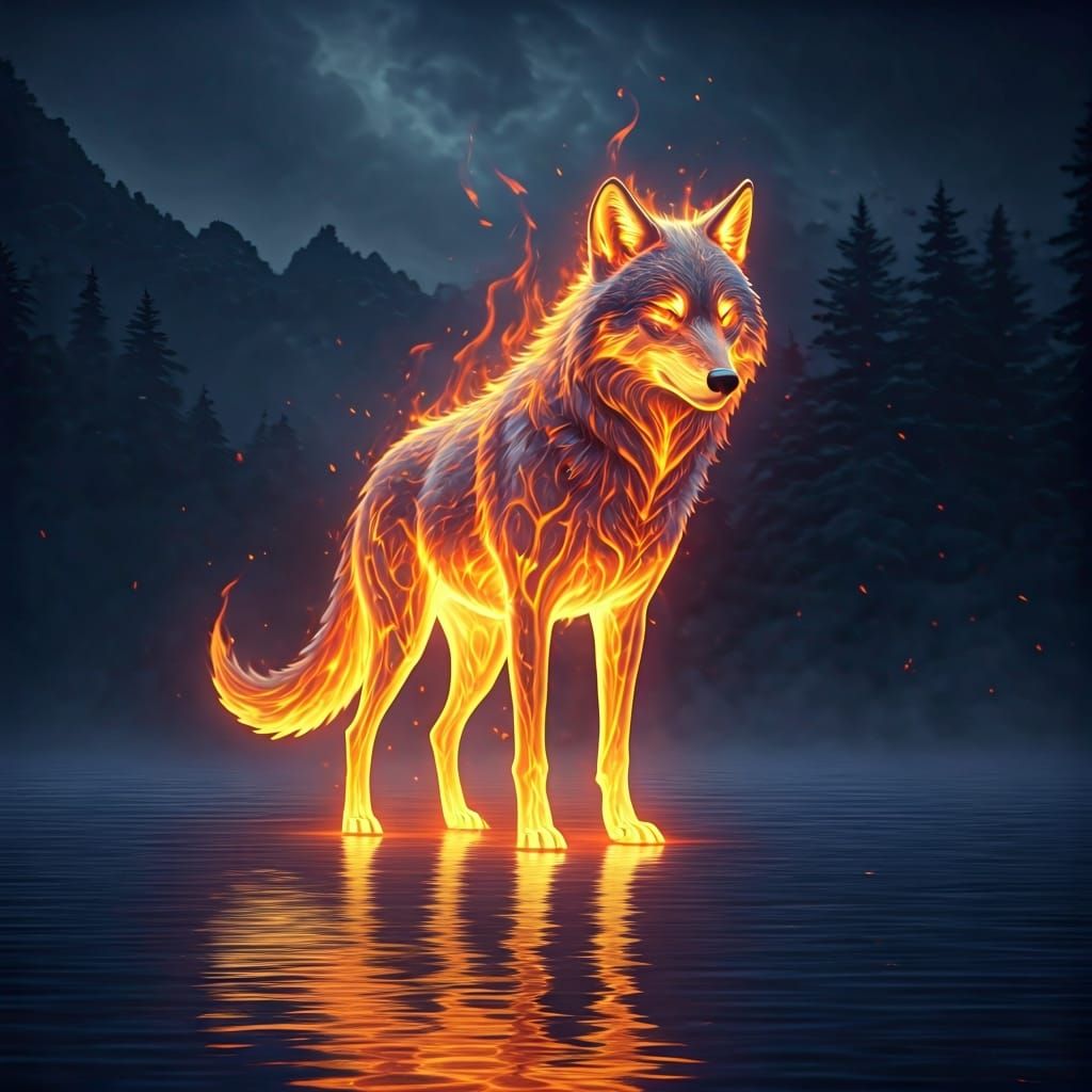 Flaming Wolf at Lakeside in Hyperrealism