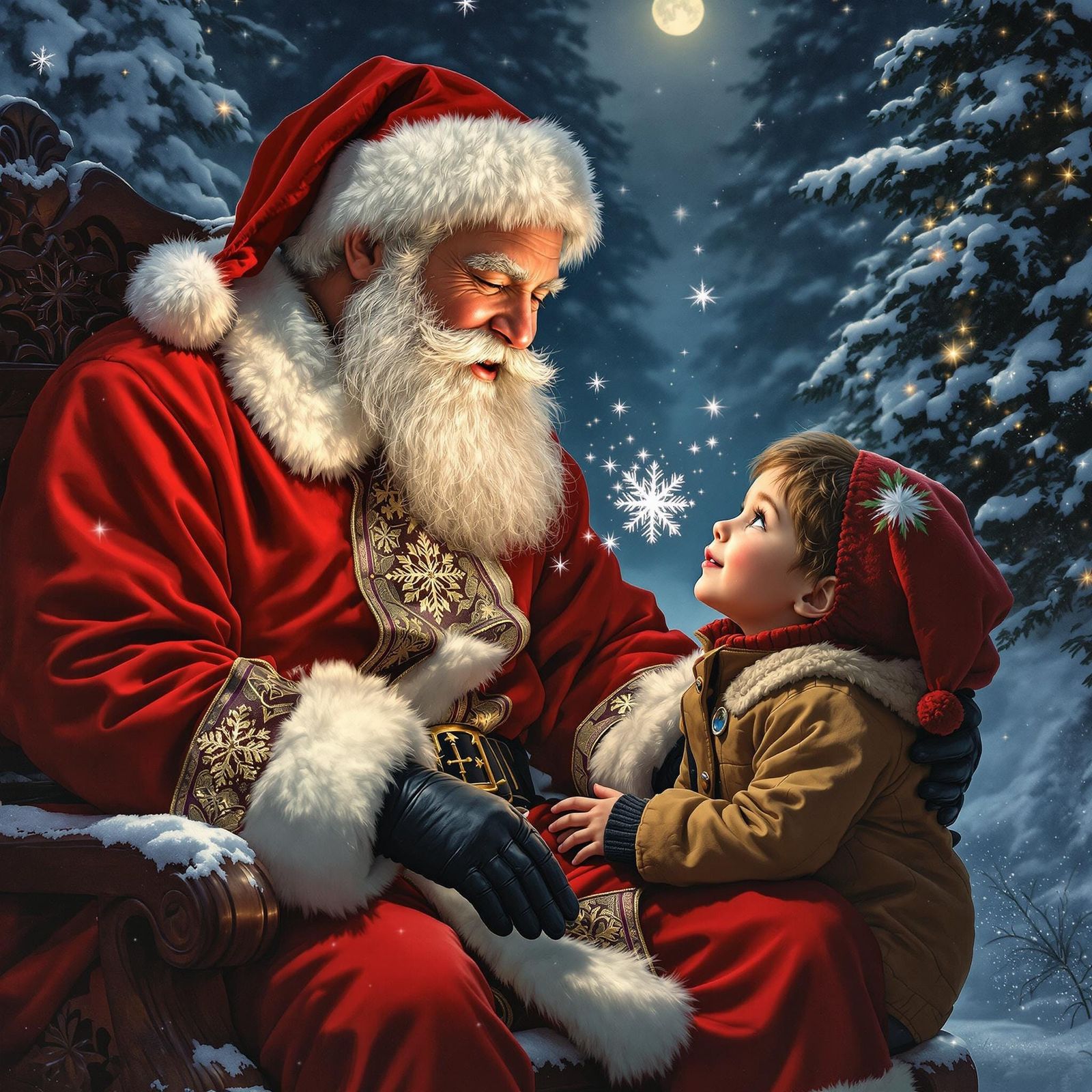 Santa Shares Snowflake with Child, Rockwell Style