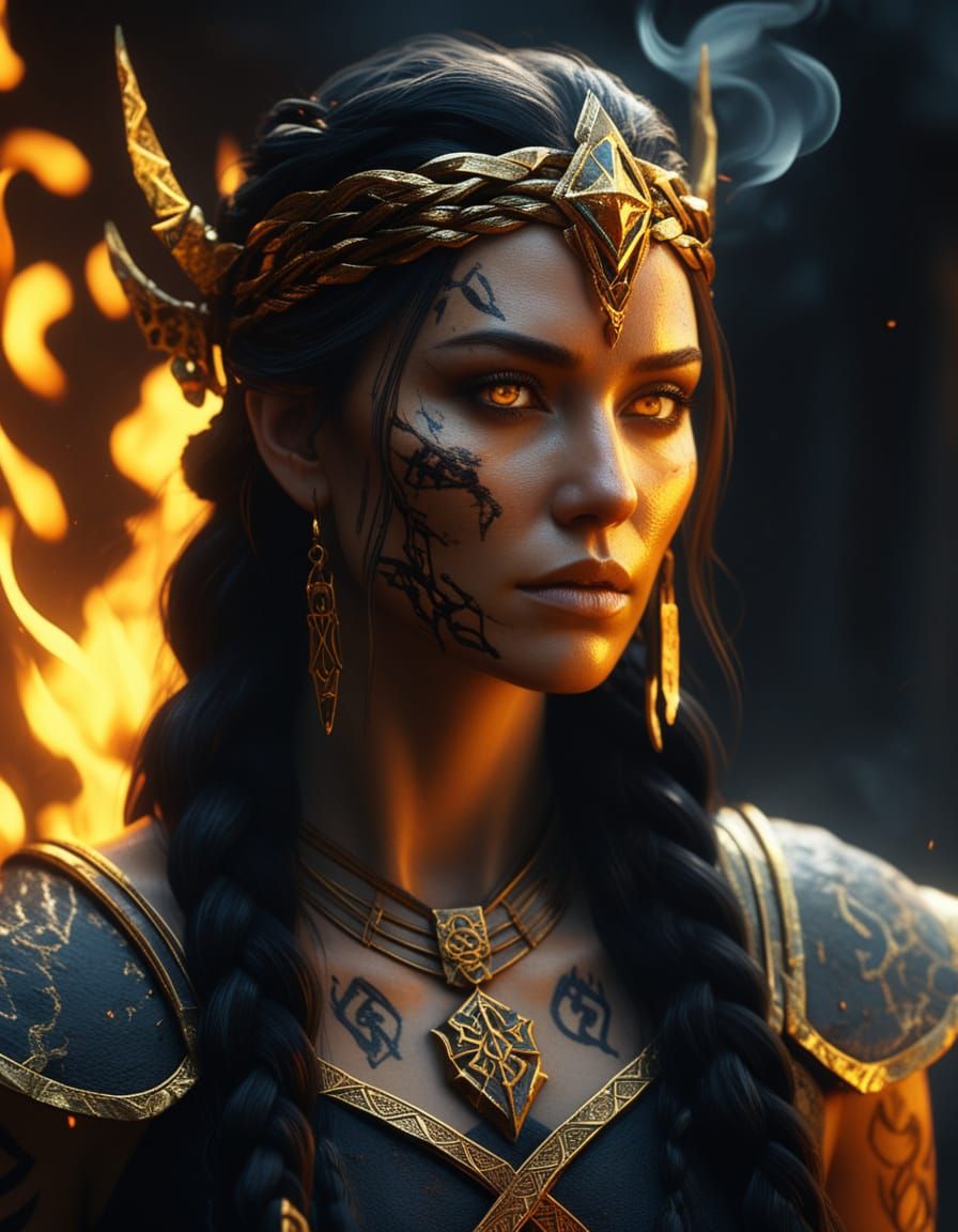 Warrior-Priestess Portrait with Glowing Embers, 3D Render