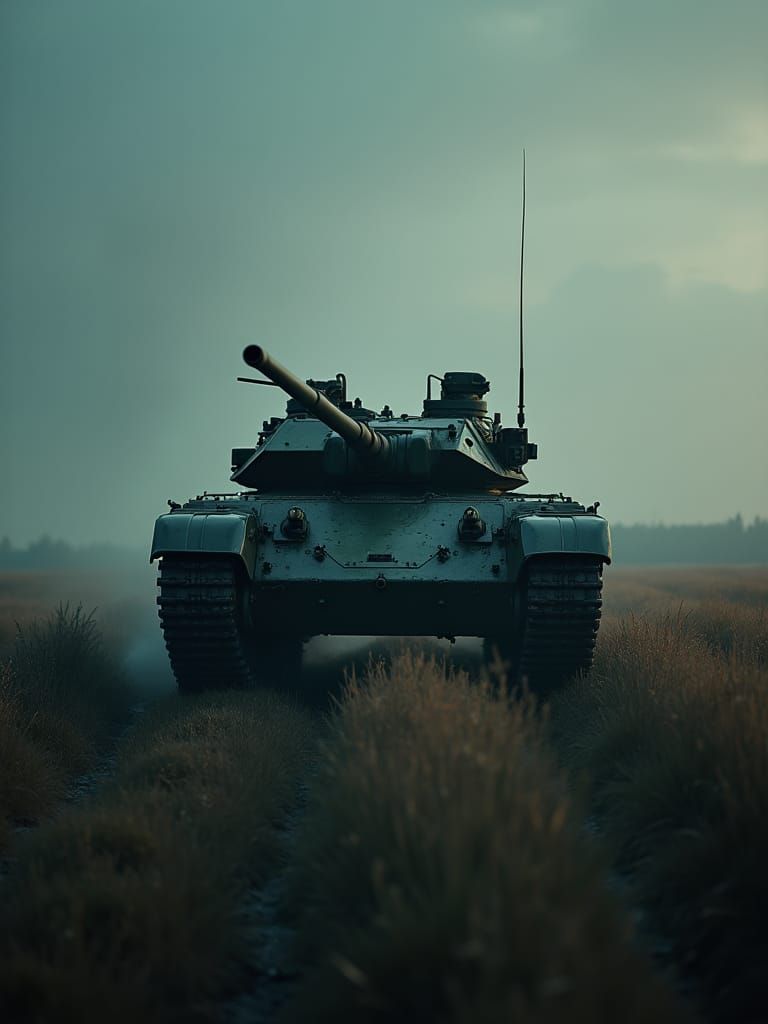 Realistic Tank in Dark Field: Cinematic 35mm Style