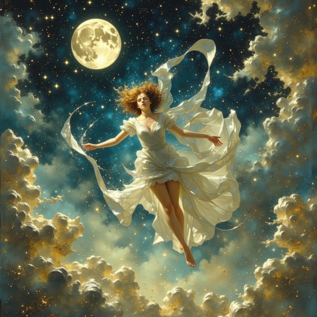 Celestial Woman Descends with Stardust Hair in Dramatic Ligh...