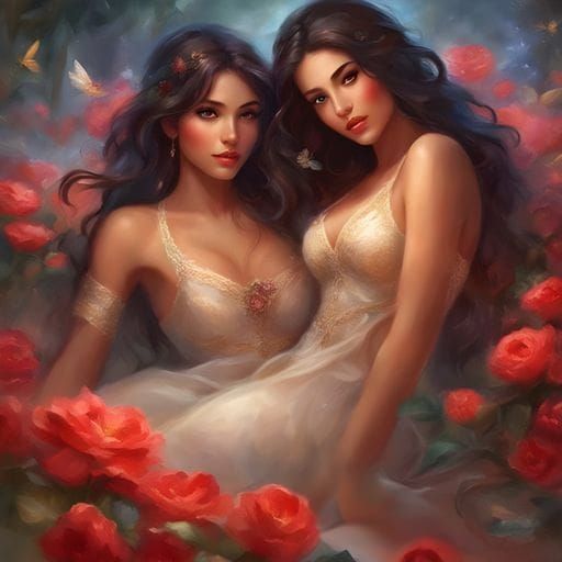 Passionate Embrace: Two Latinas in a Floral Bedroom