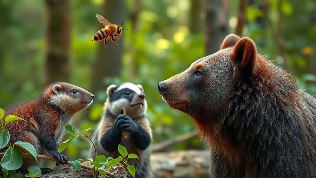 A Bee lands on a Bear's Nose, while he is talking to the Badger and the Beaver in a wood glade