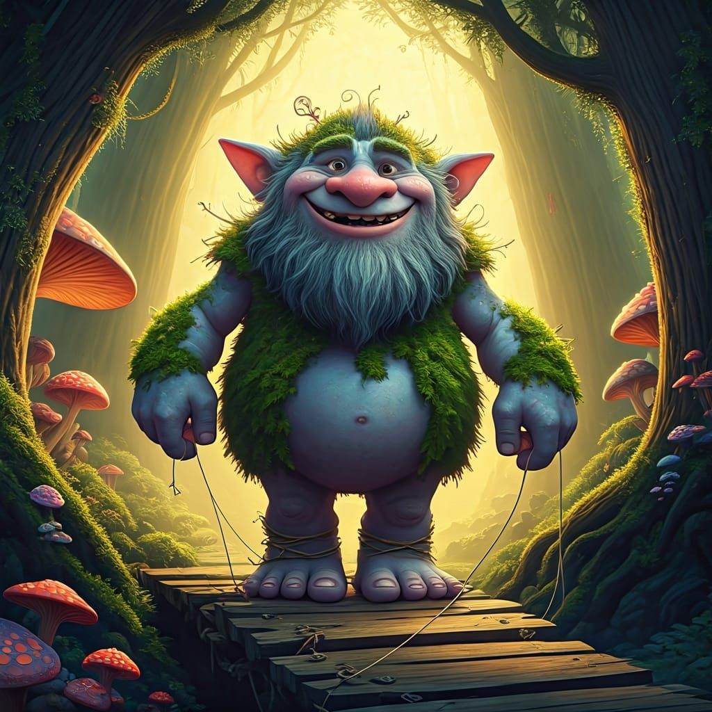 Mischievous Blue Troll on Wooden Bridge, Pixar Style