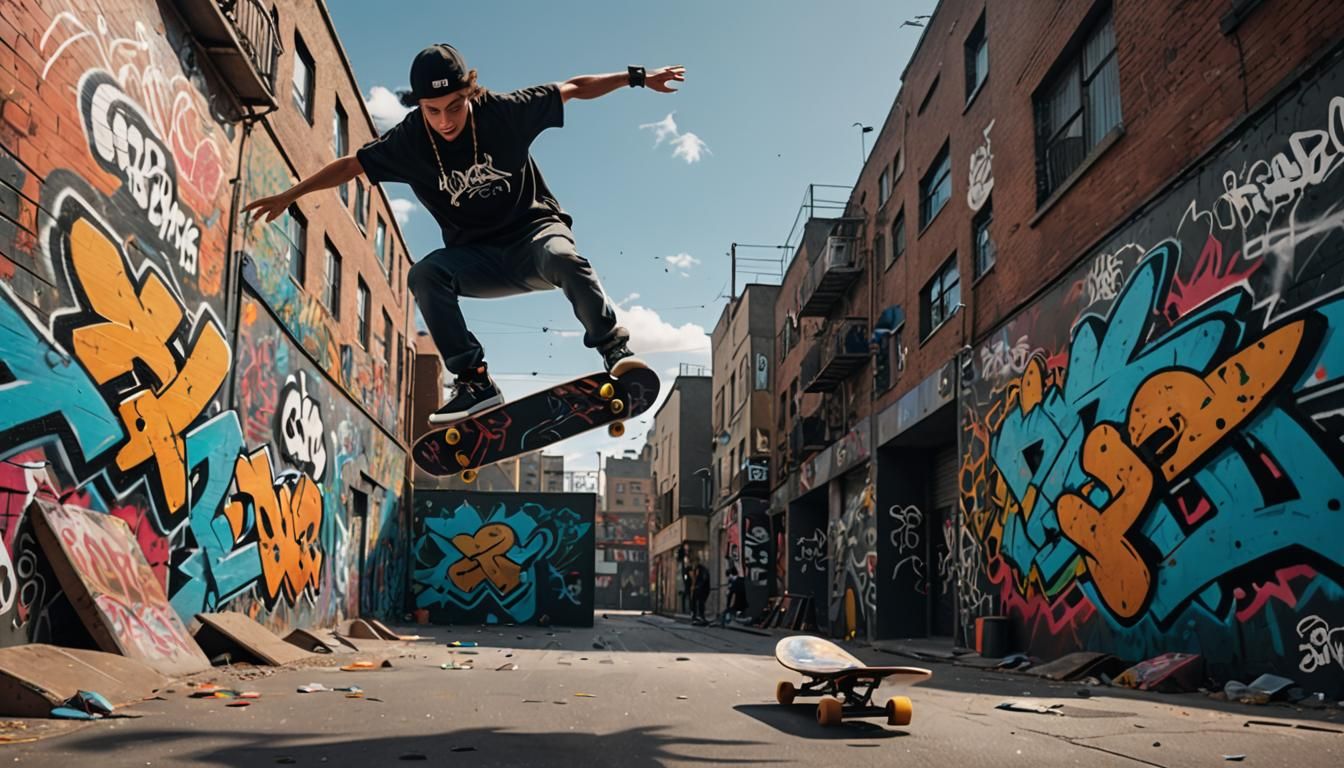 Skateboarder's Dynamic Backflip in Urban Graffiti Landscape