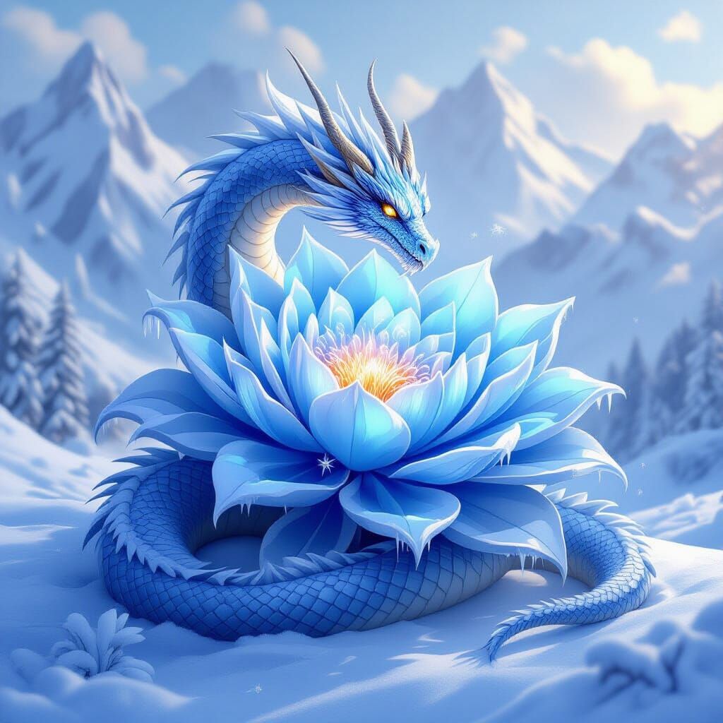 Majestic Dragon Coiled Around Enchanted Ice Flower