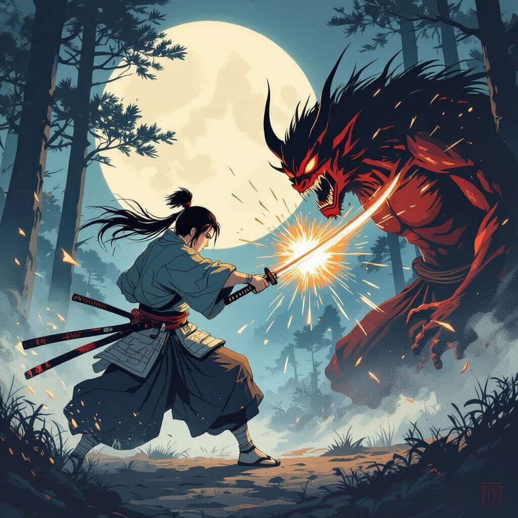Warrior Battles Demon in Moonlit Forest Ukiyo-e Style