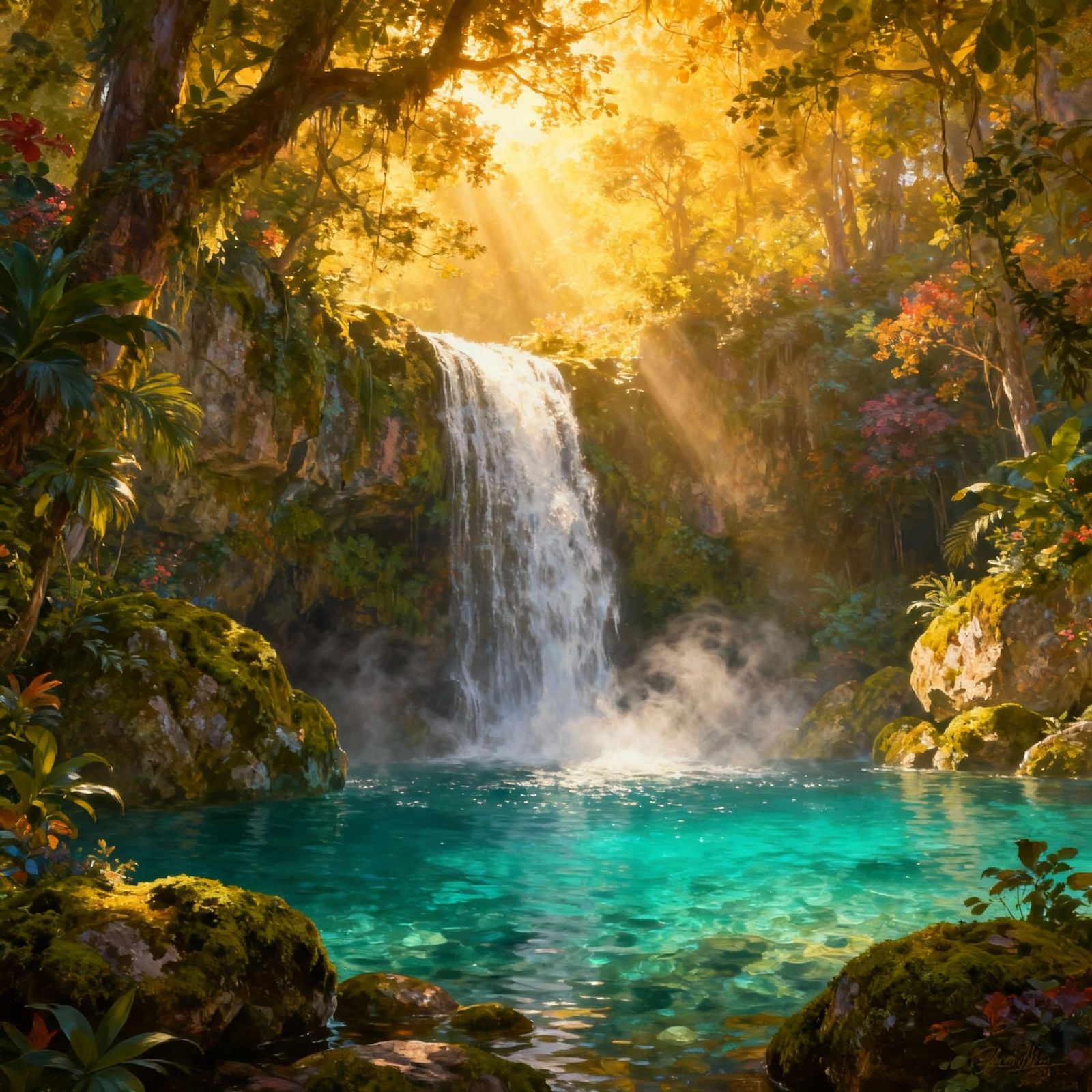 Hidden Waterfall Paradise in Golden Hour Glow