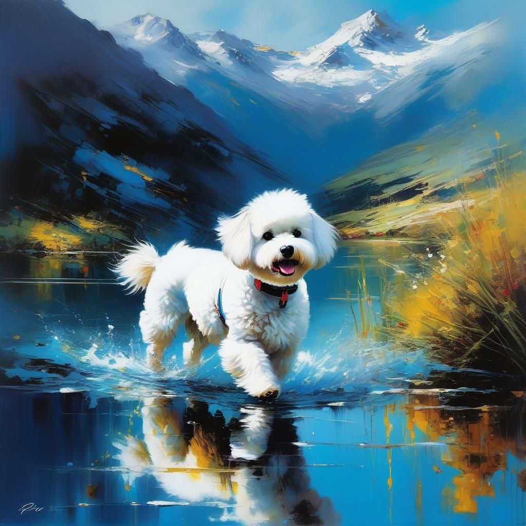 Bichon Frisé Splashing in Lake: Oil Painting