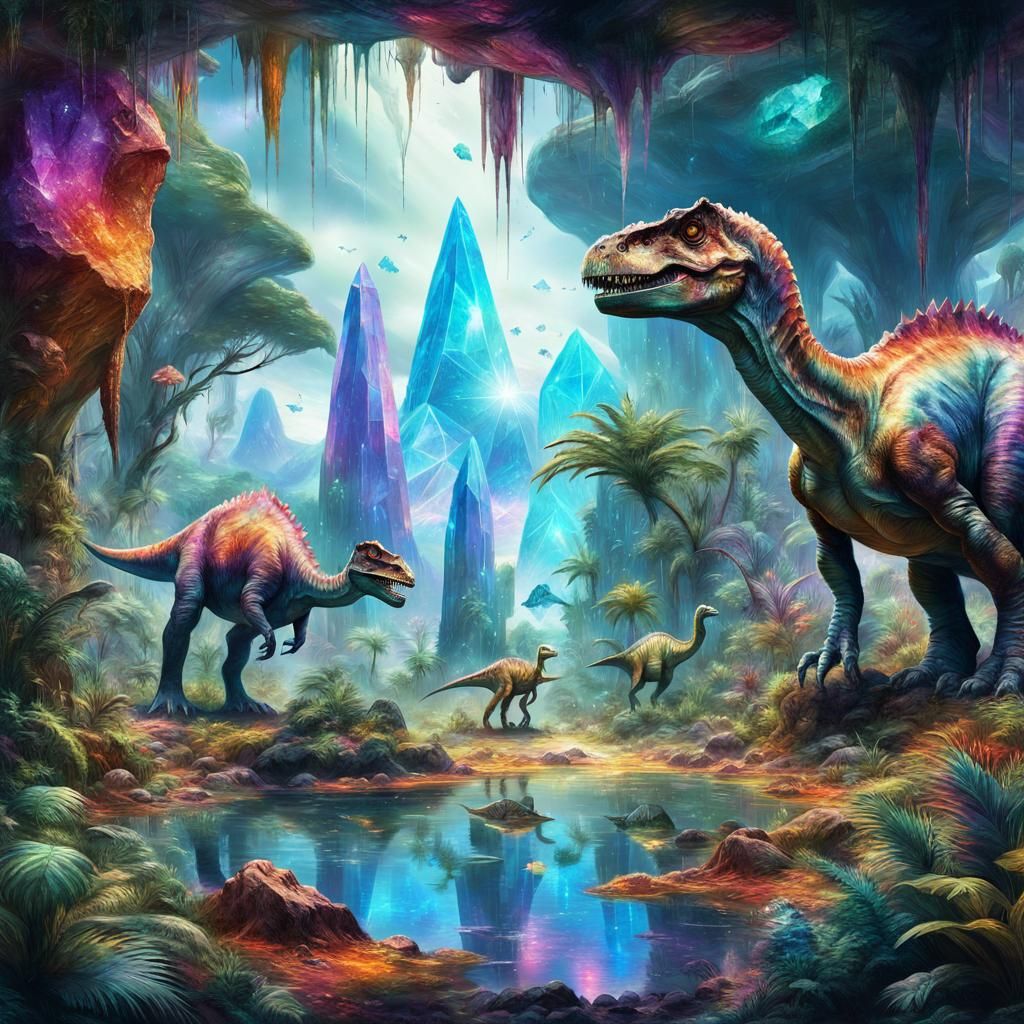 Prehistoric Jungle with Giant Crystals and Dinosaurs