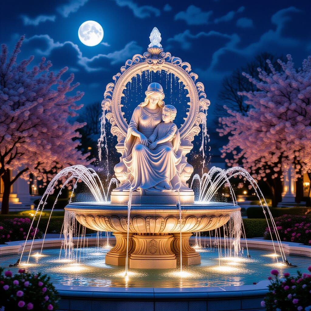 Moonlit Mother and Child Fountain in Hyperrealism