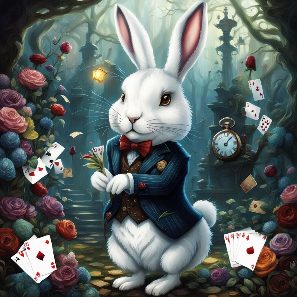Mystical White Rabbit in Dark Fantasy Forest
