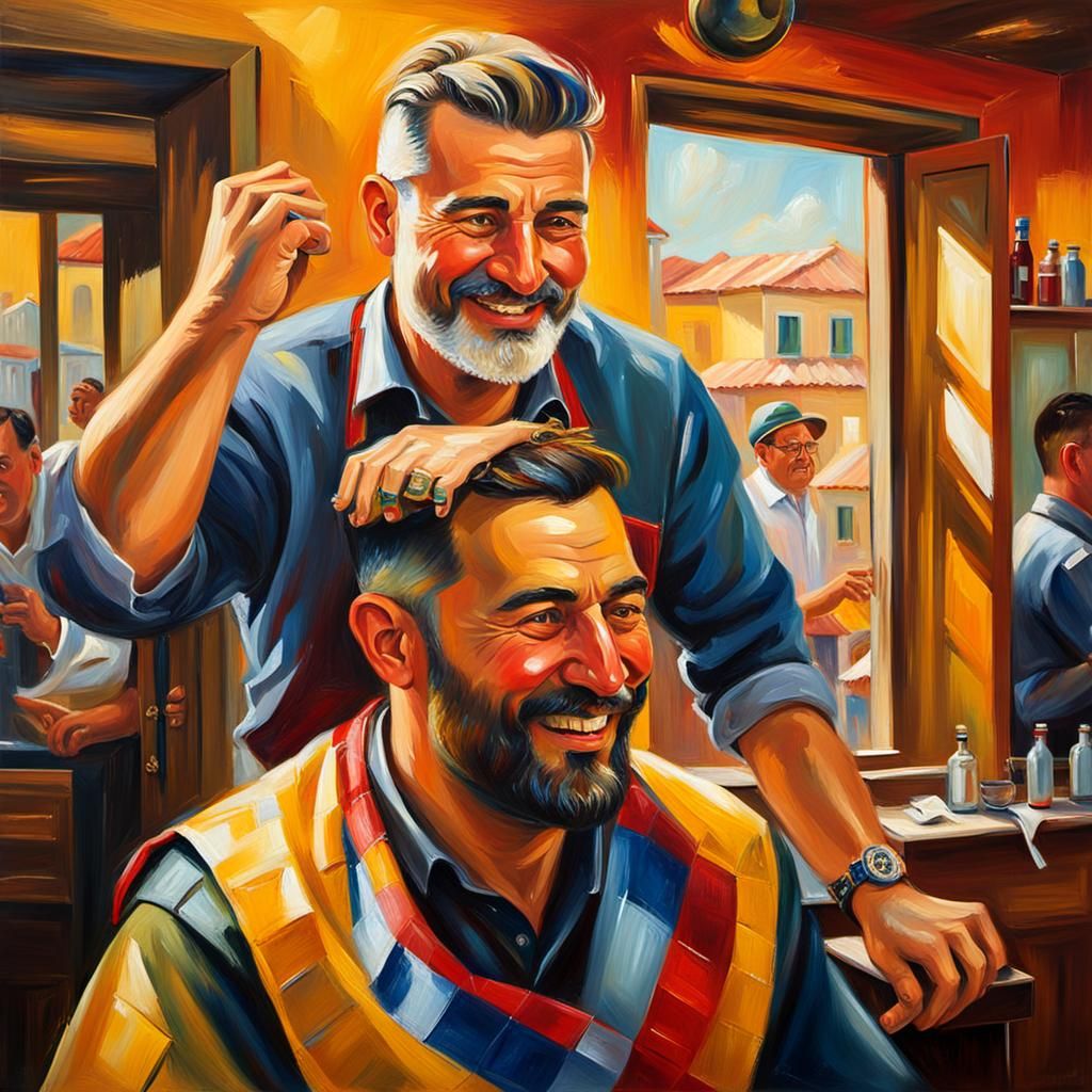 Happy Barber Singing in Golden Light: Oil Painting