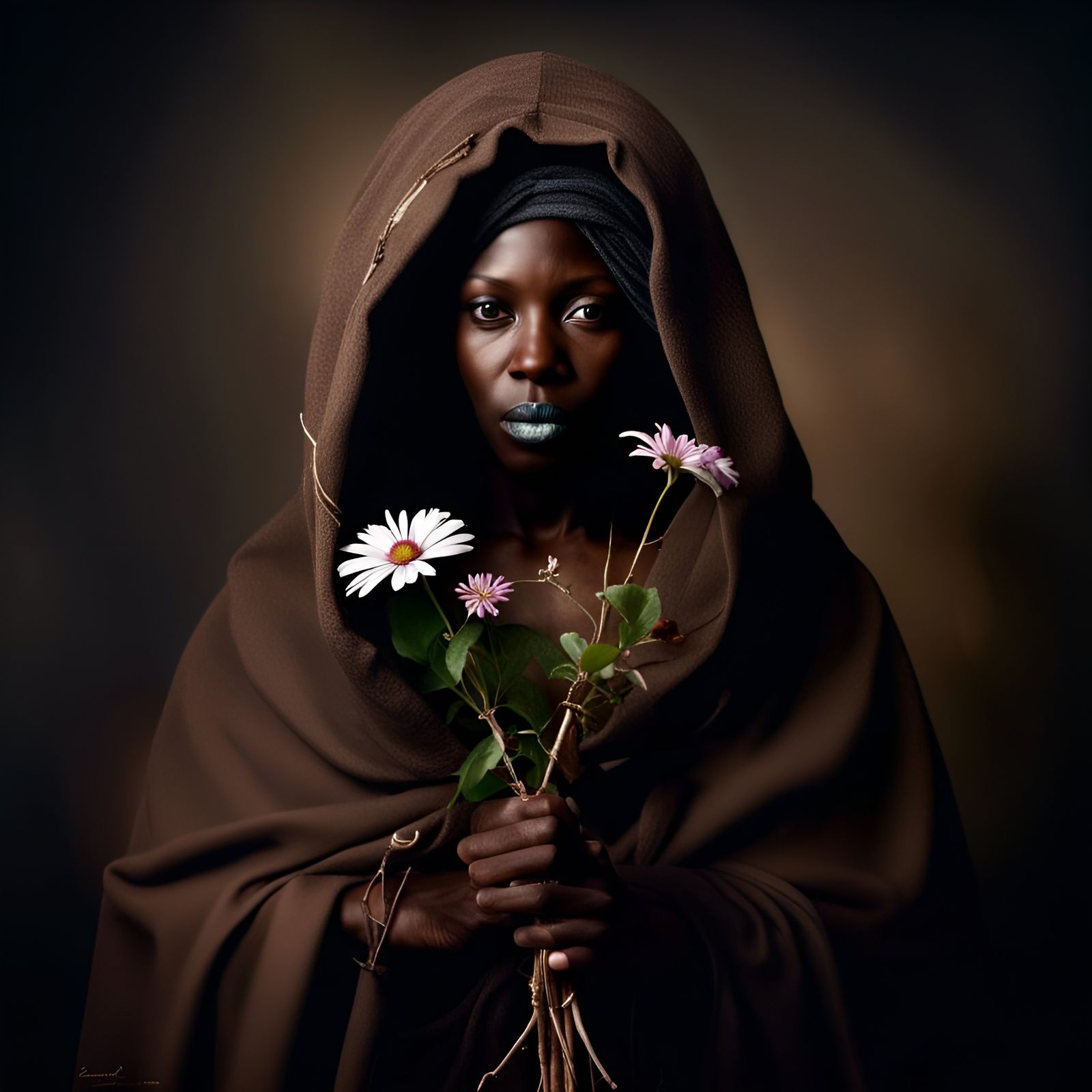 Hooded Healer with Blooming Twig: Provocative Art