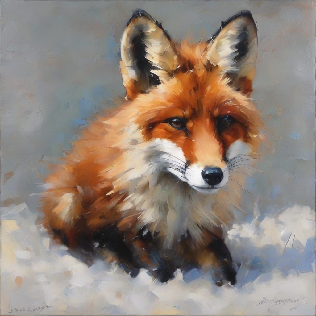 Fox Resting in Snow Oil Painting