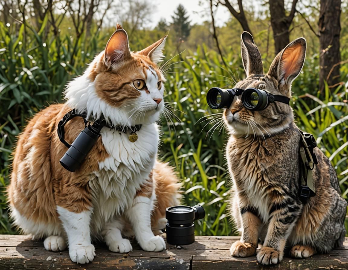 Cat and Rabbit Birdwatching Together