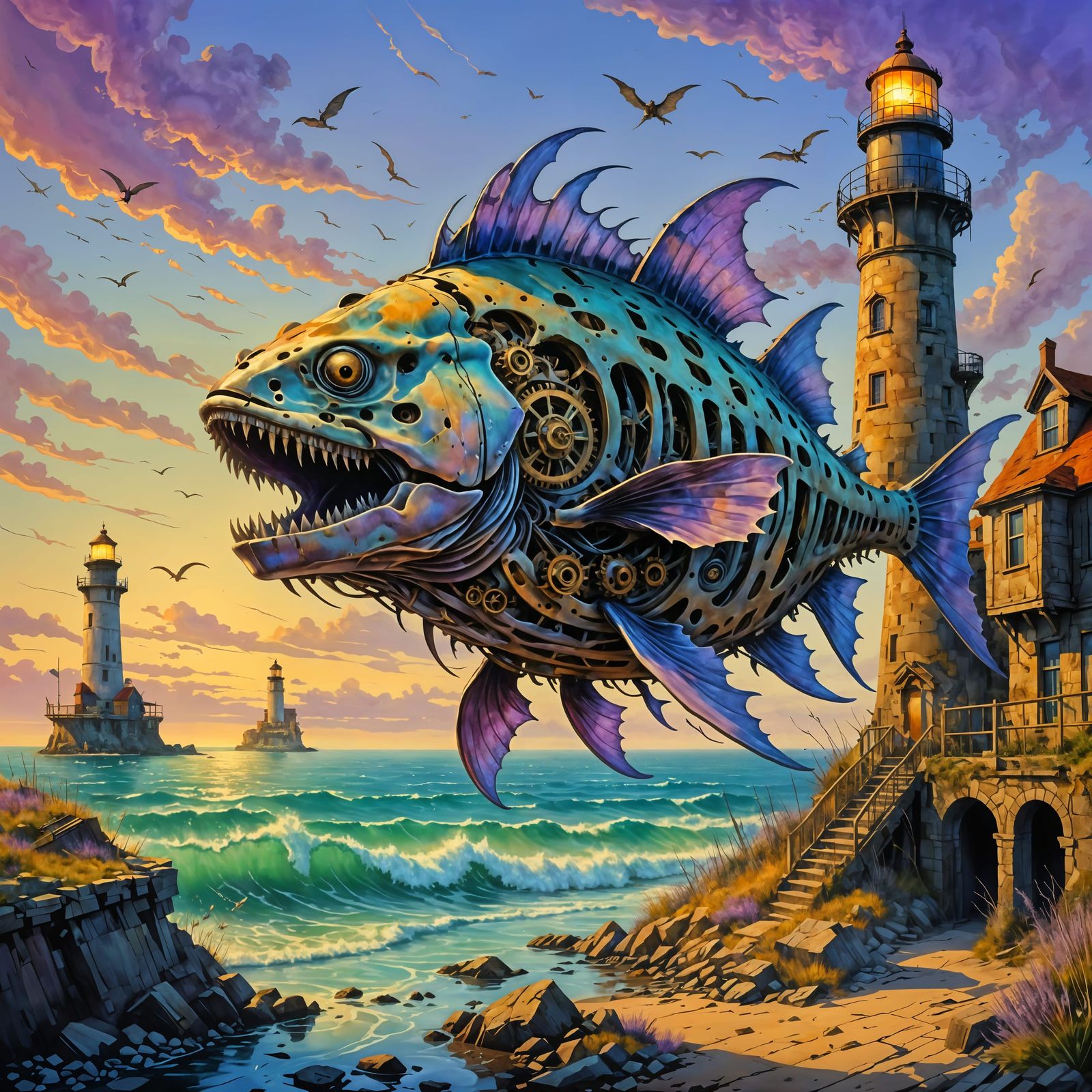Surreal Flying Creature Over Abandoned Lighthouse