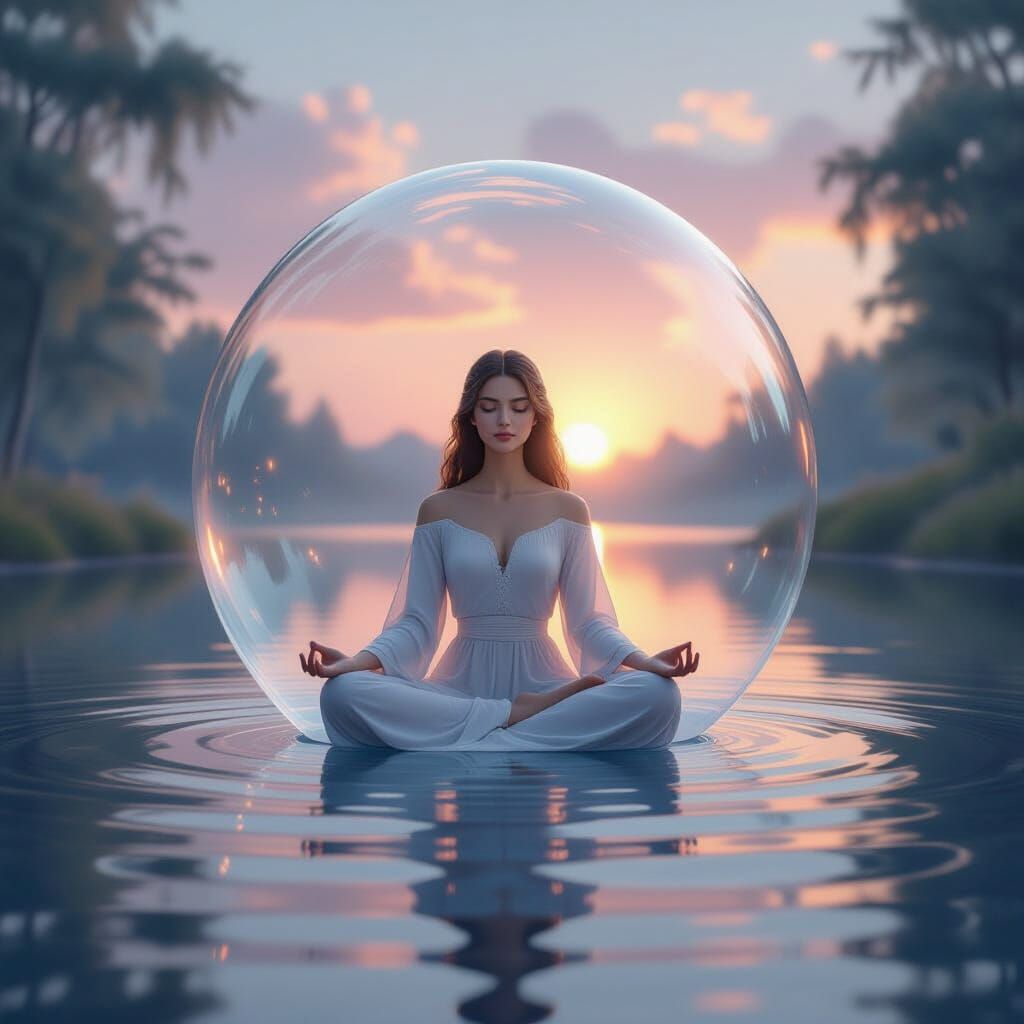 Princess Meditating in Calm Light Over Reflective Lake