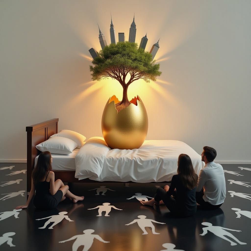 Surreal Art: Bed Walks, Egg Tree, and Figures on Floor