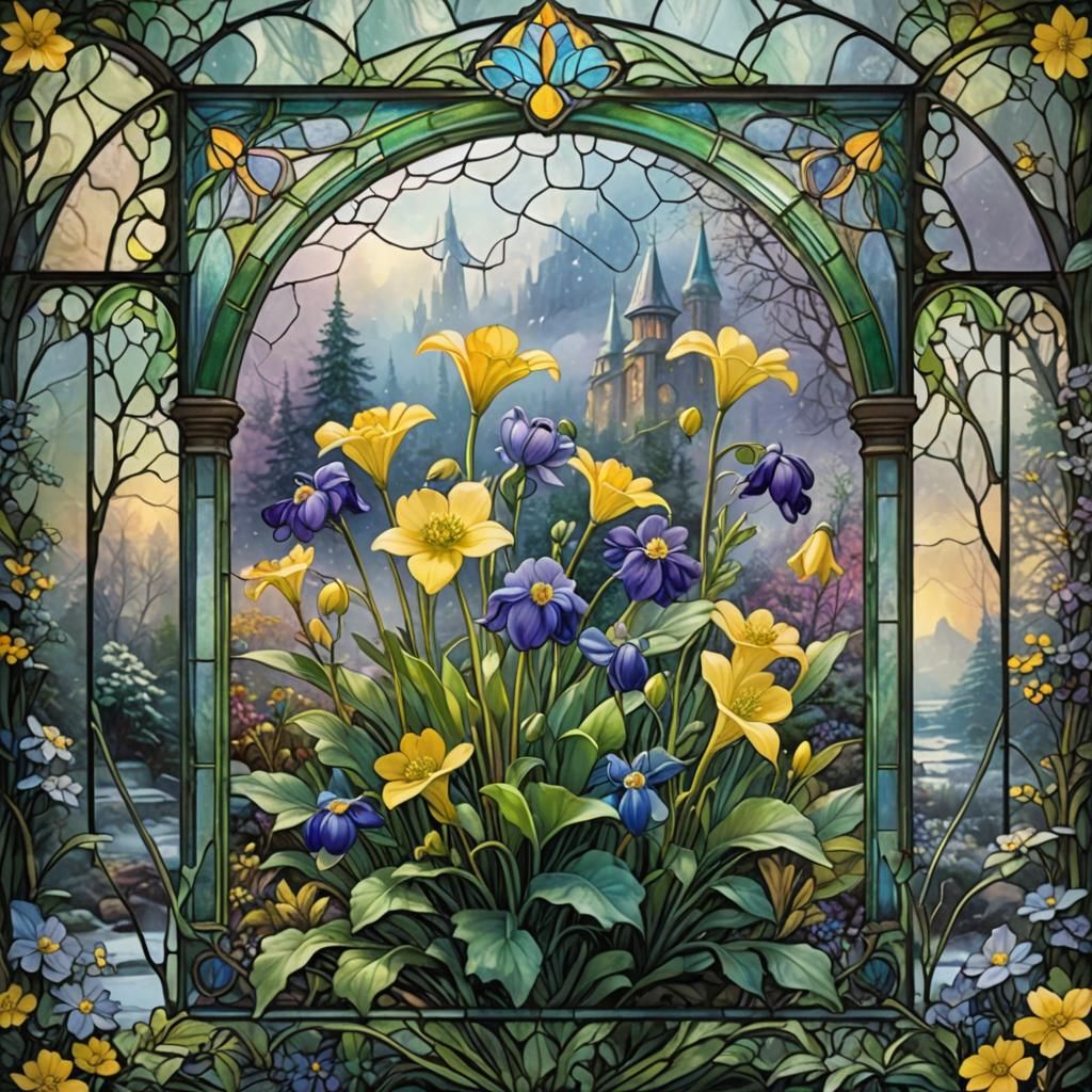 Winter Aconite Stained Glass: Ethereal Matte Painting