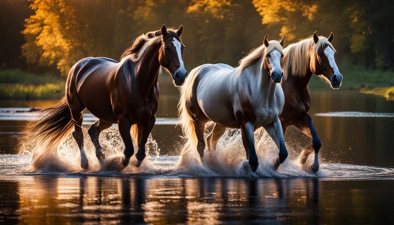Horses in Lake: Hyperrealistic Cinematic Fantasy