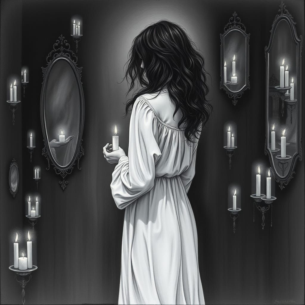 Woman in Foreboding Room with Floating Mirrors