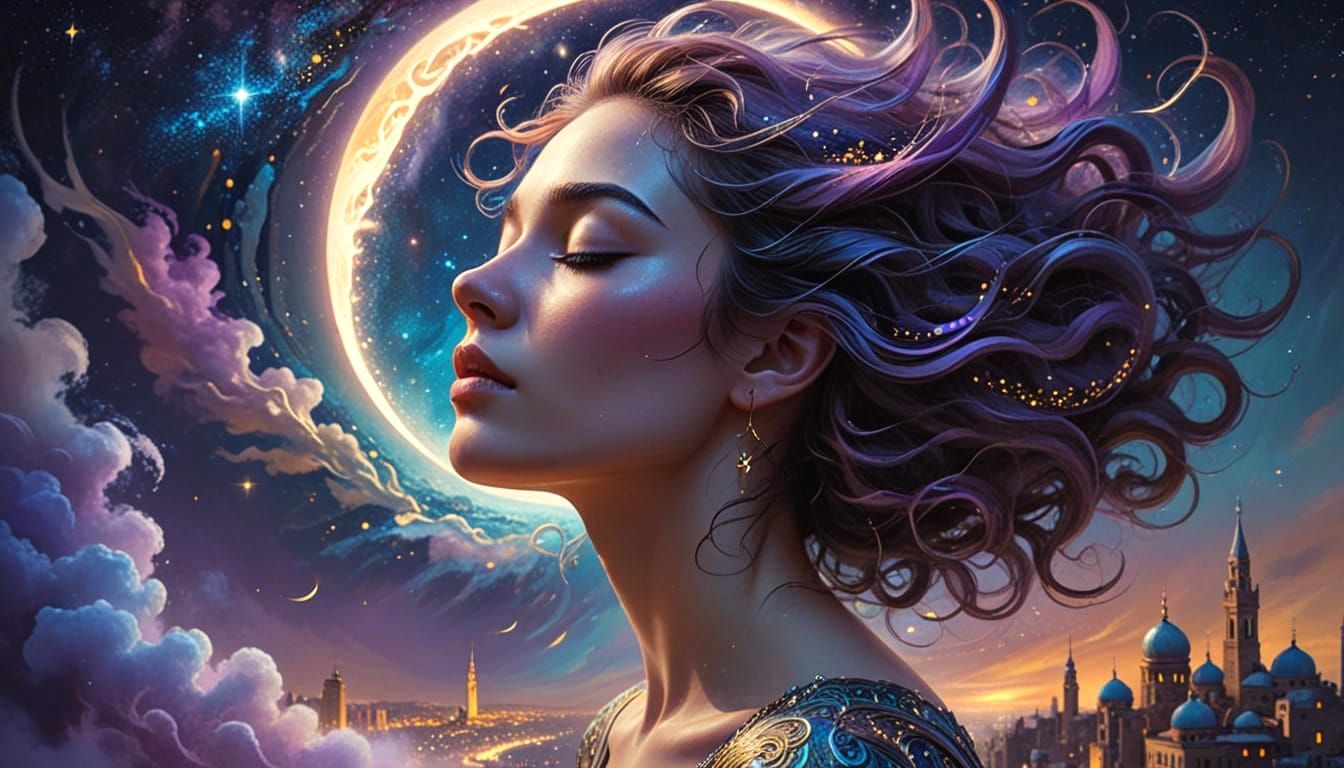 Surreal Dreamscape: Woman's Profile Merges with Cityscape