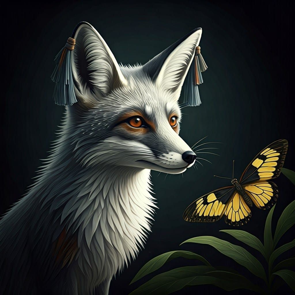 Silver Fox Contemplates Rare Butterfly in Whimsical Landscap...