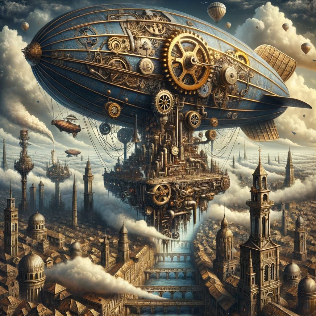 Steampunk Airship Over Victorian Cityscape